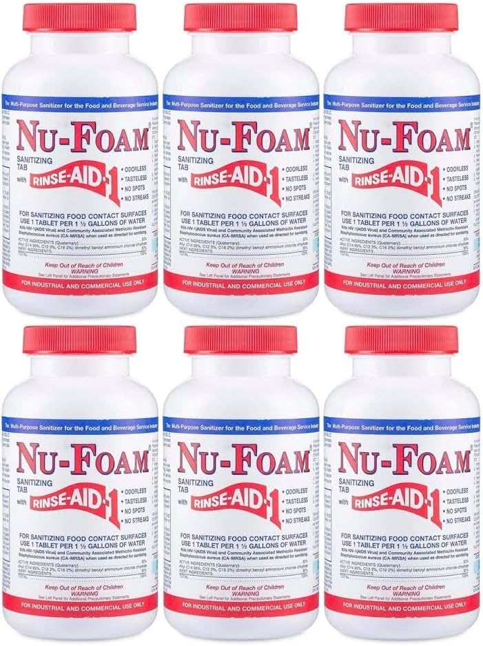 Nu-Foam Sanitizing Tablets for Bar Glassware – Superior Rinse Aid - Hand Washing Bar, Tavern, Brewery Supplies - Spotless Serving Glasses - 6 Jars 600 Tablets/ 3600 Quarts (6 Pack 600 Tablets)