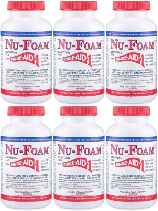 Nu-Foam Sanitizing Tablets for Bar Glassware – Superior Rinse Aid - Hand Washing Bar, Tavern, Brewery Supplies - Spotless Serving Glasses - 6 Jars 600 Tablets/ 3600 Quarts (6 Pack 600 Tablets)