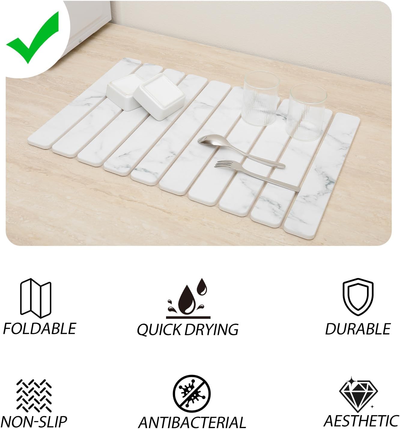 Stone Drying Mat for Kitchen Counter 24"×16" ,Large Dish Drying Mat with Drainage Grooves, Non-Slip Silicone Drying Mat, Absorbent Counter Protector for Dishes, Utensils