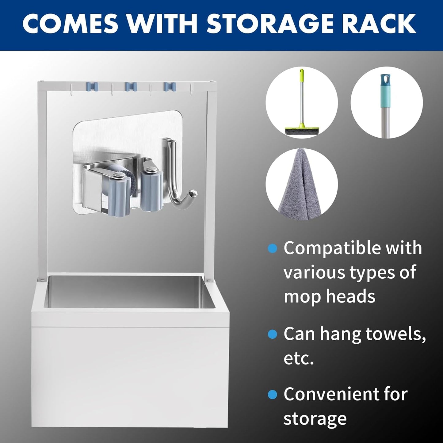 TONGMO Stainless Steel Floor Mop Sink, Mop sink with Cleaning Tool Rack (23.6" x 23.6" x 13")