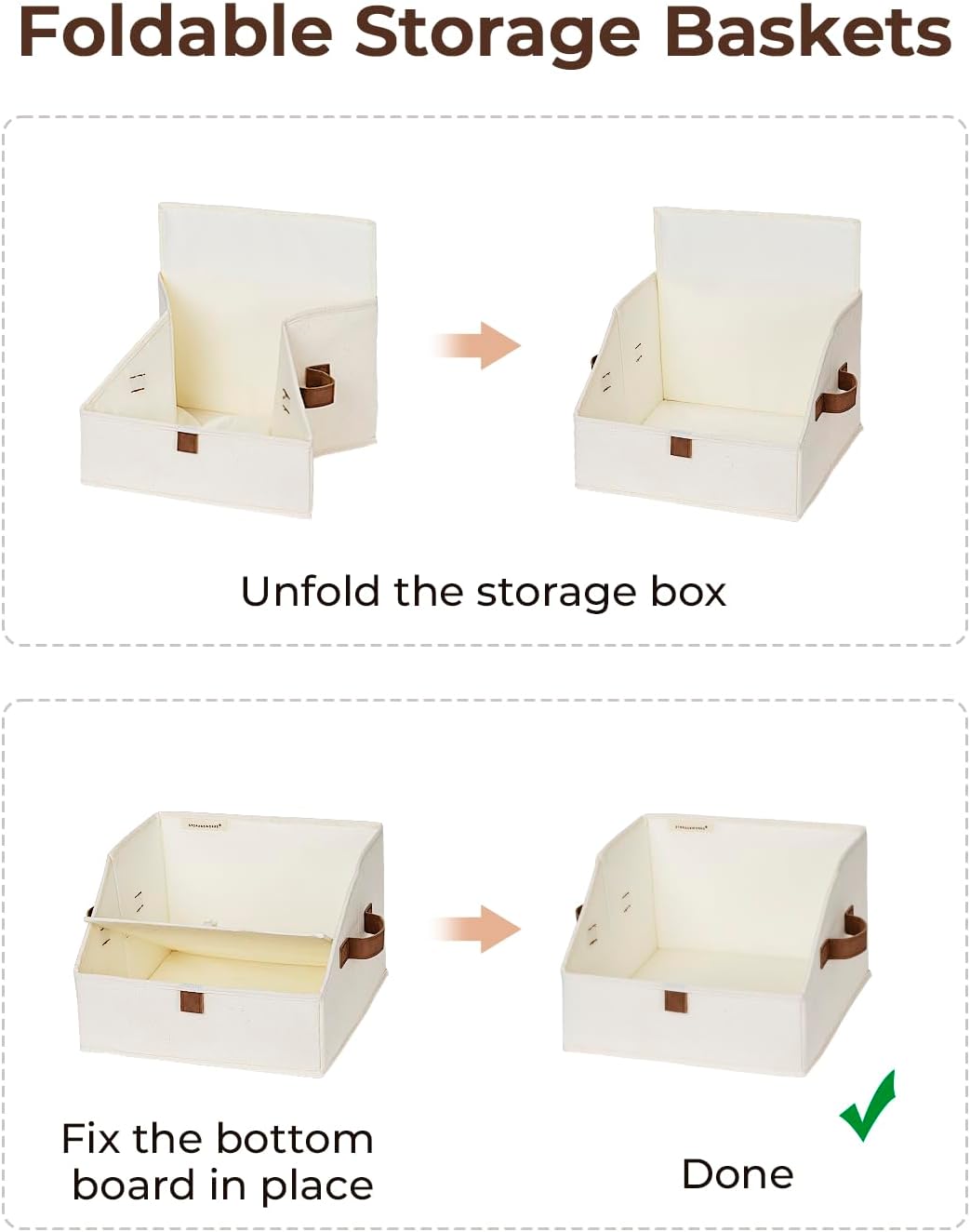 StorageWorks Closet Storage Bins, Trapezoid Organizer Box for Shelves, Fabric Clothes Bin, Foldable Organizing Baskets with Handles, Small, Ivory White, 3-Pack