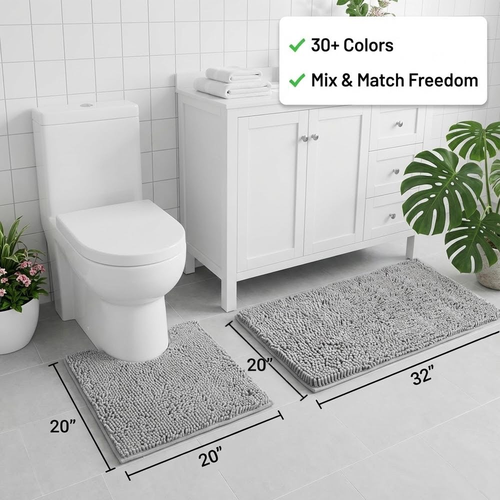 Bathroom Rugs Sets 2 Piece,Super Absorbent Chenille Bath Mats and U-Shaped Toilet Rug,Strong PVC