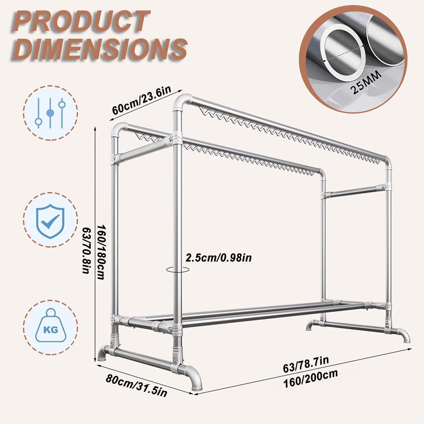 Clothes Drying Rack with Windproof Hooks, 78.7 inch Adjustable Heavy Duty Laundry Drying Rack, Free Standing Metal Clothes Rack, for Indoor Outdoor