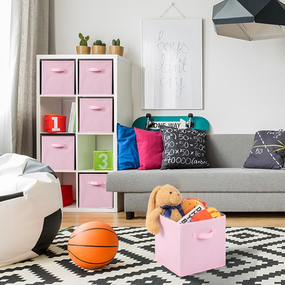 Stero 13x13x13 Inch Fabric Storage Bins 6 Pack Fun Colored Durable Storage Cubes with Handles Foldable Cube Baskets for Home, Kids Room, Closet and Toys Organization Pink