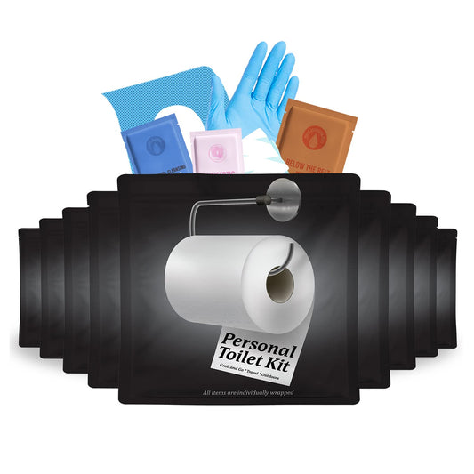 Personal Toilet Kit To Go – 10 Pack | Disposable Public Restroom Kit | Individually Wrapped for Toilet Protection Kit | Toilet Paper, Toilet Seat Cover, Butt Wipes, Cleansing Wipes (Black Toilet)