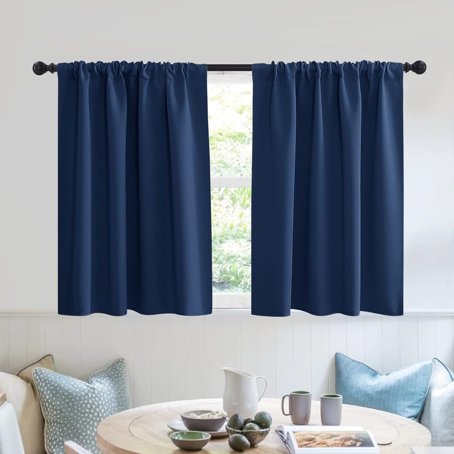 RYB HOME RV Curtains for Camper Windows - Soft Thermal Insulated Small Window Curtain Tiers for Cafe Kitchen Bedroom Basement Glass Door Window, W 42 x L 30 inches, Navy Blue, 2 Panels
