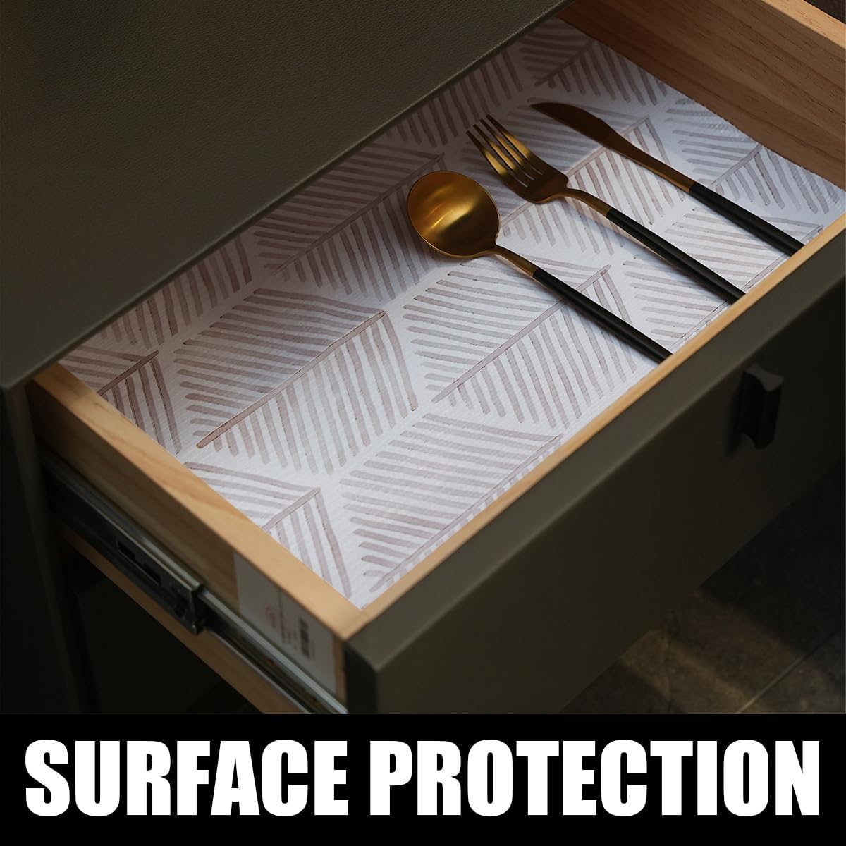 Shelf Liners for Kitchen Cabinets, Non-Adhesive and Strong Non-Slip Waterproof Cabinet Drawer Liners for Kitchen Shelf Wire Fridge,Beige Geometric Shelf Drawer Liner,Easy to Clean,12IN x 10FT