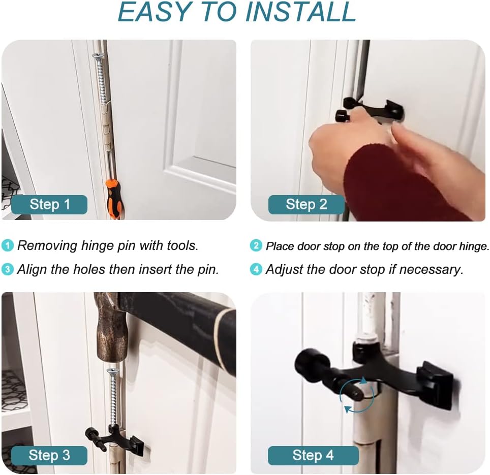 4 Pack Hinge Pin Black Door Stopper, Adjustable Heavy Duty Hinge Pin Door Stop with Black Rubber