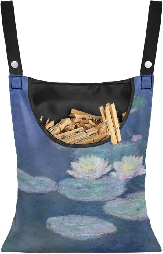 Outdoor Clothespin Storage Bag with Windproof Design - Monet Water Lilies Print Heavy Duty Polyester Hanging Organizer Pouch for Clothesline Pins - Large 14.5"x12" with Hanging Loop