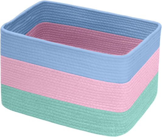 Hopegiver Woven Storage Baskets 15x11x10 Inch, 1 Pack Collapsible Cube Storage Bin for Shelves - Foldable Cotton Rope Organizer Bins for Towels, Toys, Books, Closet, Nursery (Blue Pink Green)