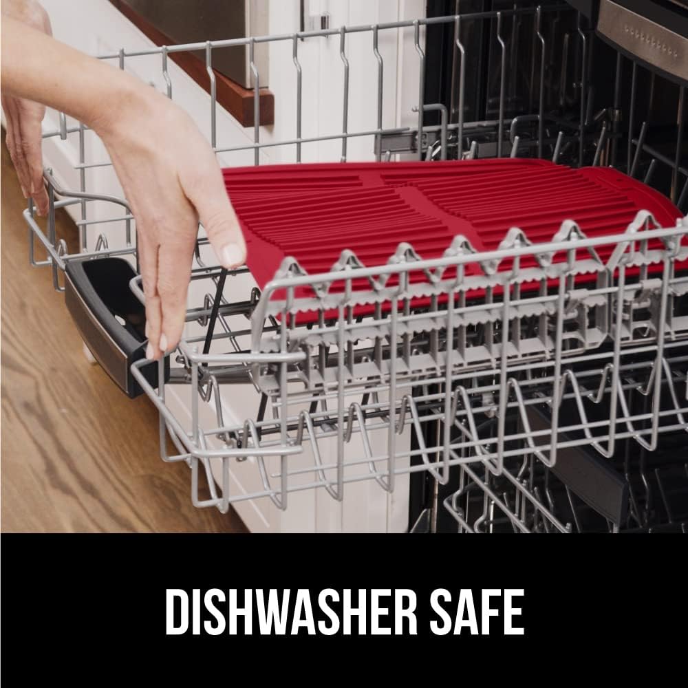 GORILLA GRIP 100% BPA-Free Patented Silicone Dish Drying Mat for Kitchen Counter, Water Catching Ribbed Design, Easy Clean Waterproof Sink Liner, Heat Resistant, Fits Under Rack, 13x11 Inch, Red