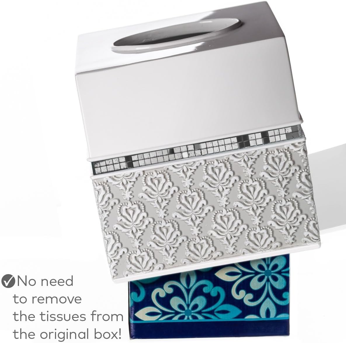 Creative Scents Mirror Damask Square Tissue Box Cover - Decorative Bathroom Tissues Paper Holder, Modern Napkins Container, Bottom Slider, for Cute Elegant Bathroom Decor (White & Gray)