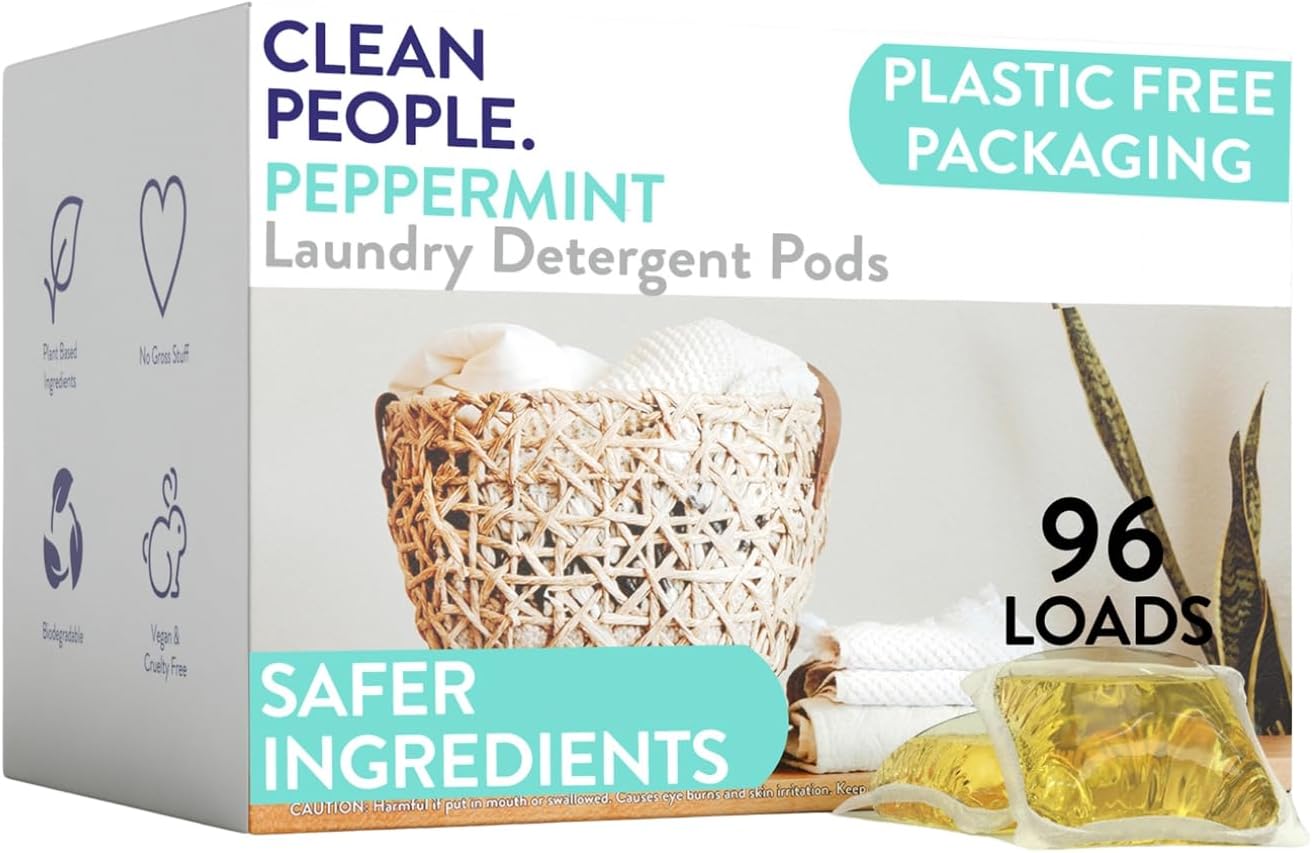 The Clean People Laundry Detergent Pods - Hypoallergenic Laundry Pods - Ultra Concentrated, Recyclable Packaging, Stain Fighting - Peppermint, 96 Pack
