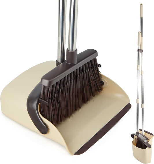 Broom and Dustpan Set, Dustpan Combo with 51" Stainless Steel Long Handle Brooms with 5-Layer Soft Bristles for Home Office Kitchen Bathroom(Beige)