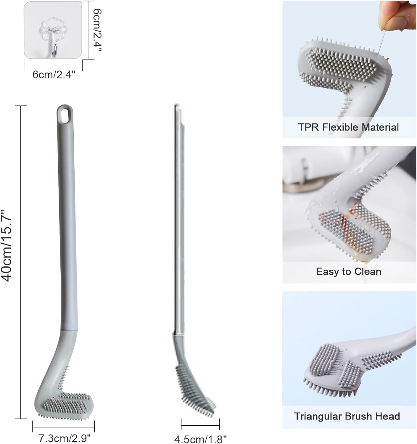 Golf Toilet Brush, Toilet Cleaning Brush, Flexible Bendable Silicone Long Handled Toilet Brush, 360° Deep Toilet Bowl Cleaning Brush,Quick Drying Toilet Brush for Bathroom with a Hook (Gray)