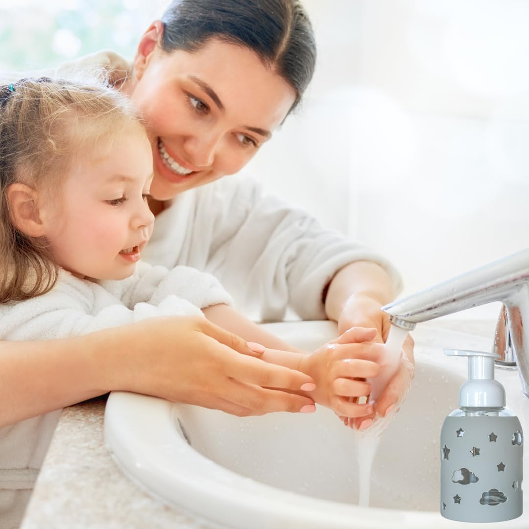 SoCal Suds & Company Glass Foaming Hand Soap Dispenser, Soft Grip Silicone Sleeve, Refillable Pump Bottle for Kids, Baby Wash & Shampoo, Ideal for Home Use, Light Grey 8oz
