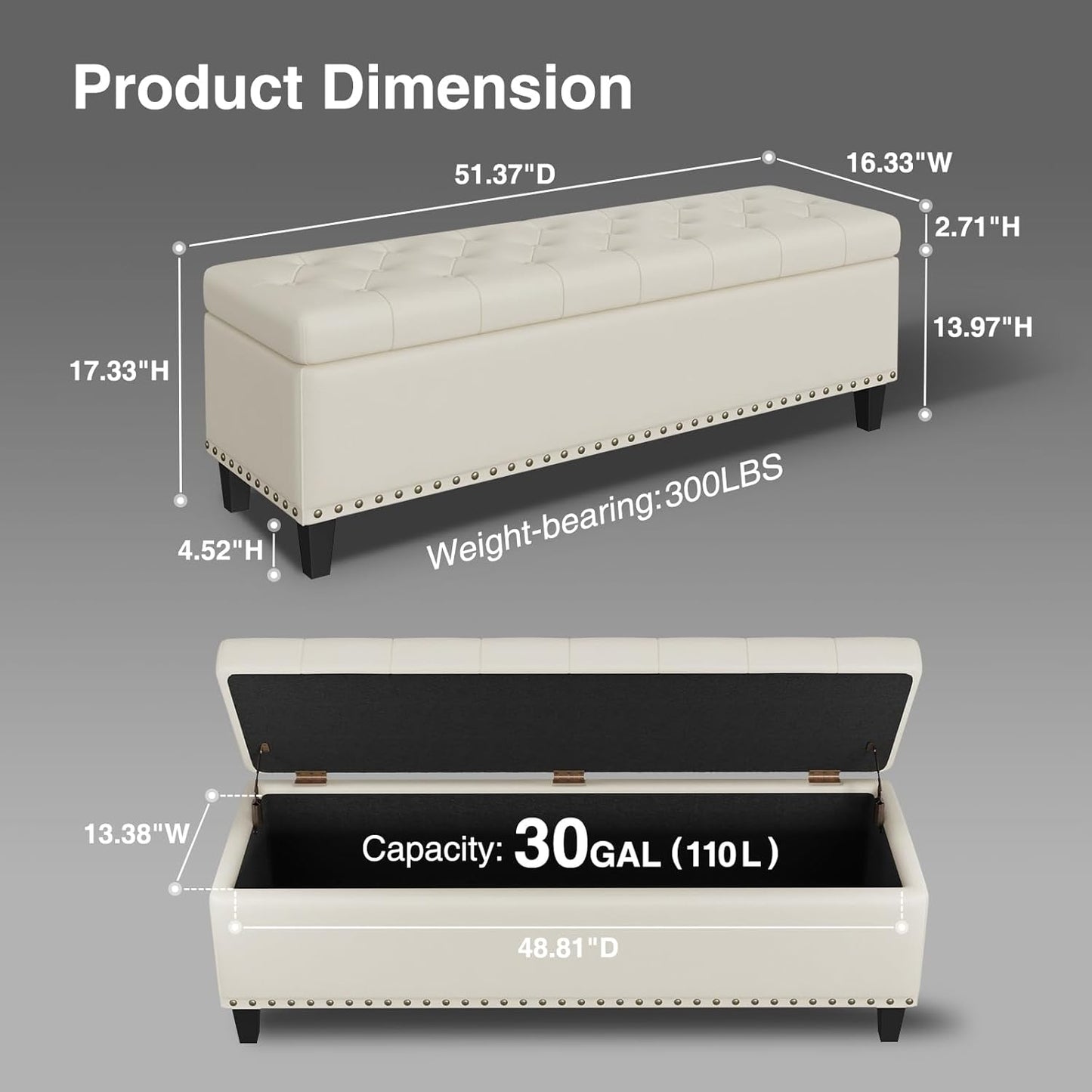 Storage Ottoman Bench, 51-Inch Large Storage Bench for Bedroom End of Bed, 30 Gallons Faux Leather Bench for Bedroom, Living Room, Entryway, Hallway, Cream White