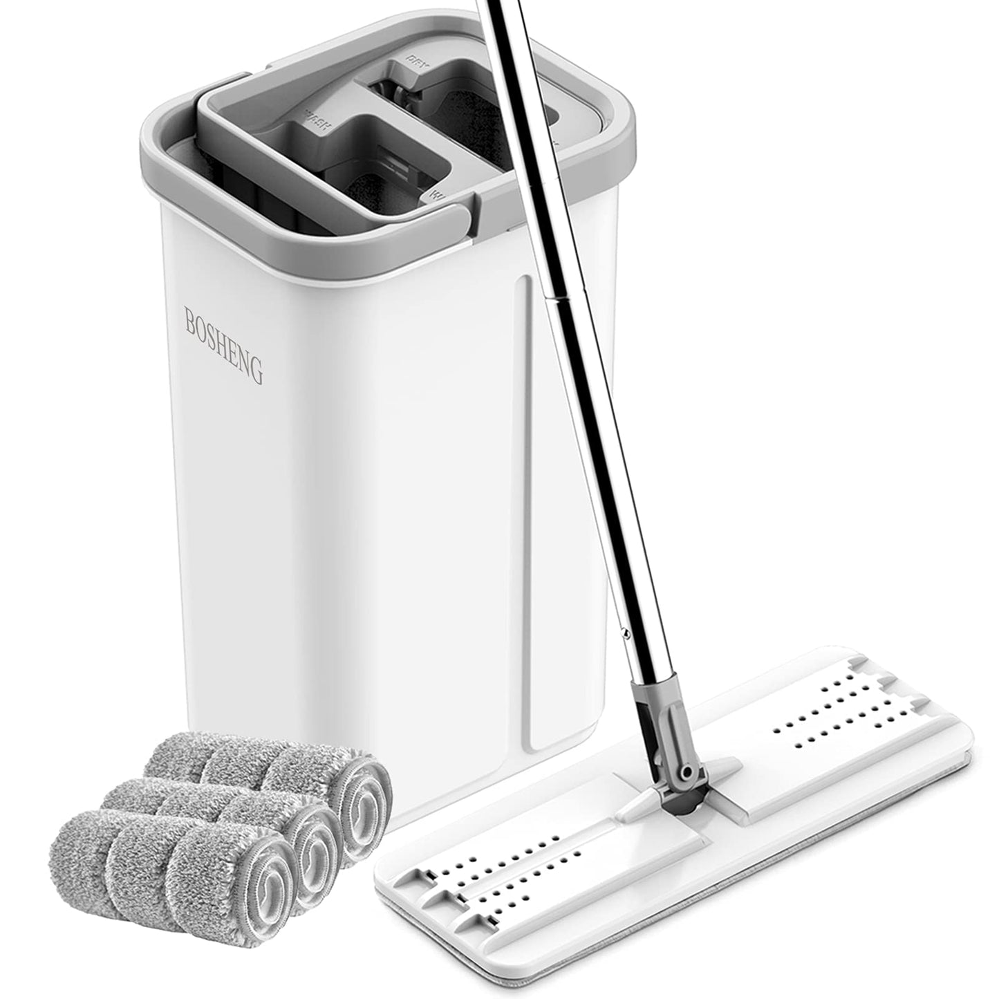 BOSHENG Mop and Bucket with Wringer Set, Hands Free Flat Floor Mop and Bucket, 3 Washable
