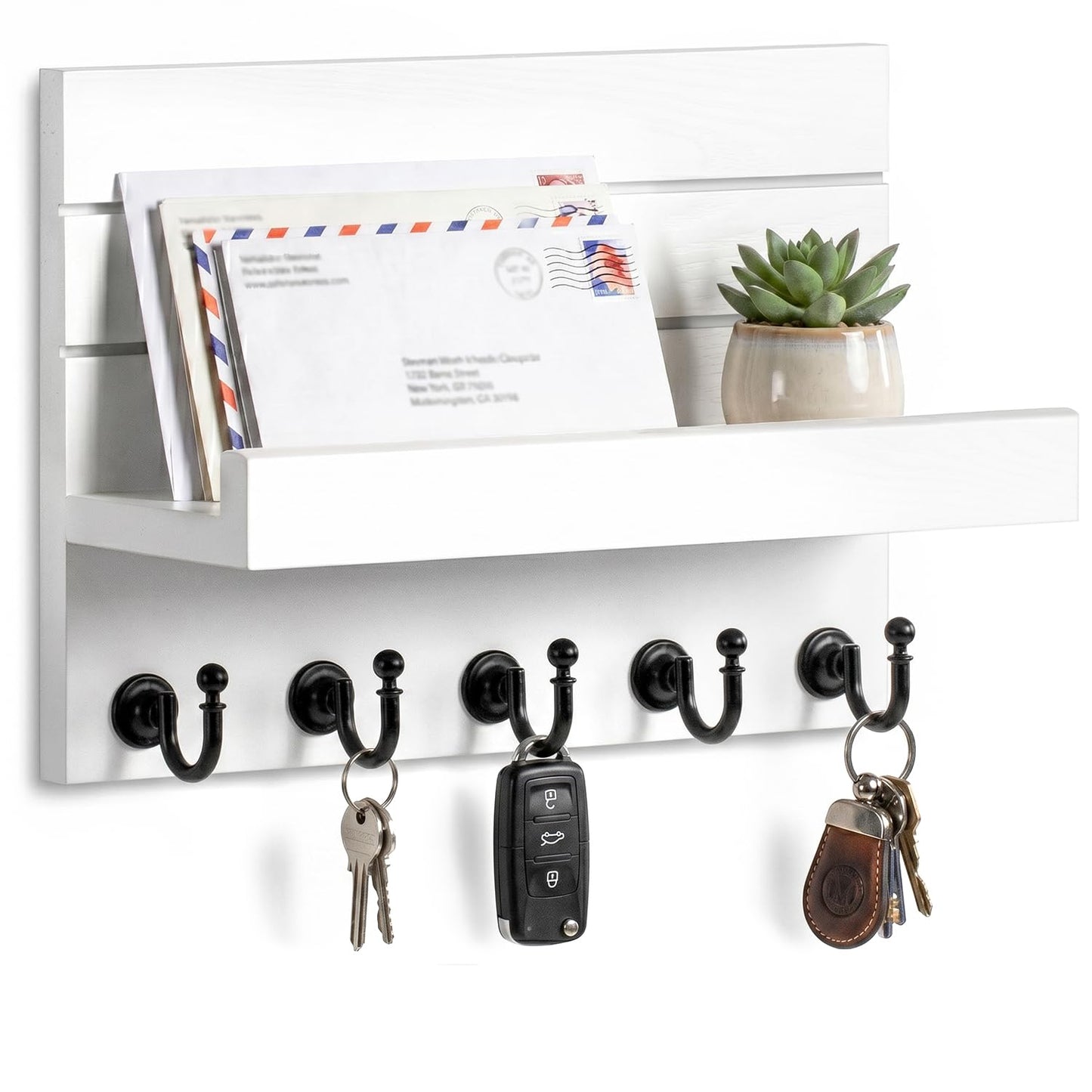 HONJIN Key Holder Wall Mount with Shelf and 5 Sturdy Key Hooks (White)