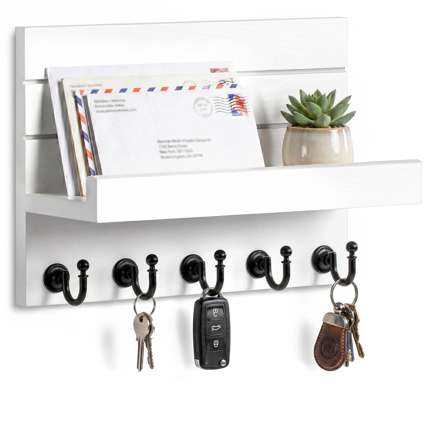 HONJIN Key Holder Wall Mount with Shelf and 5 Sturdy Key Hooks (White)