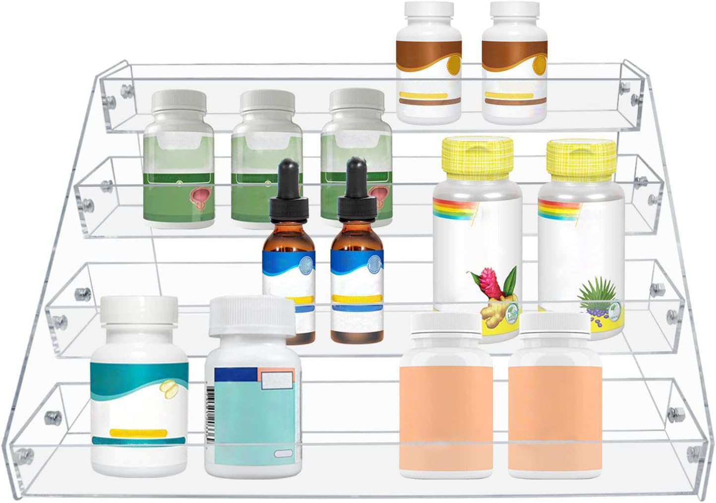 PMMASTO Tiered Spice Rack, Seasoning Organizer, Clear Acrylic Vertical Shelves Can Organizer for Countertop, Cabinet, Pantry, Kitchen Organization and Storage - 4 Tier