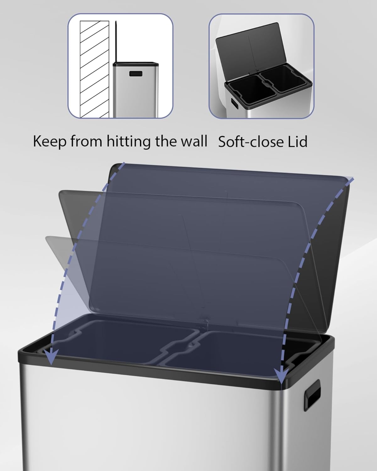Garvee Dual Trash Can for Recycling and Trash, 2 x 30 L (60 L) Stainless Steel Kitchen Trash Can with Lid and Foot Pedal, Double Compartment Garbage Can, with Recycling Bin, 2 x 8 Gallon