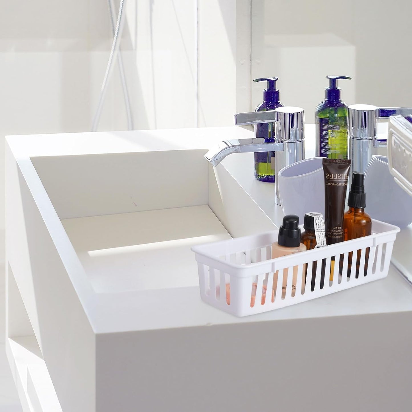 Domensi 12 Pack Slim Plastic Storage Baskets Tray for Organizing 10.25x3.25x2.5 Inch Small Narrow Storage Bins Stackable Drawer Pencil Trays Holder for Desk Garage Cabinet Container (White, Black)