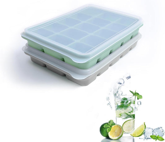 Ice Cube Trays Set of 2, Easy Release 15 Flexible Silicone Ice Cube Molds with Removable Lid
