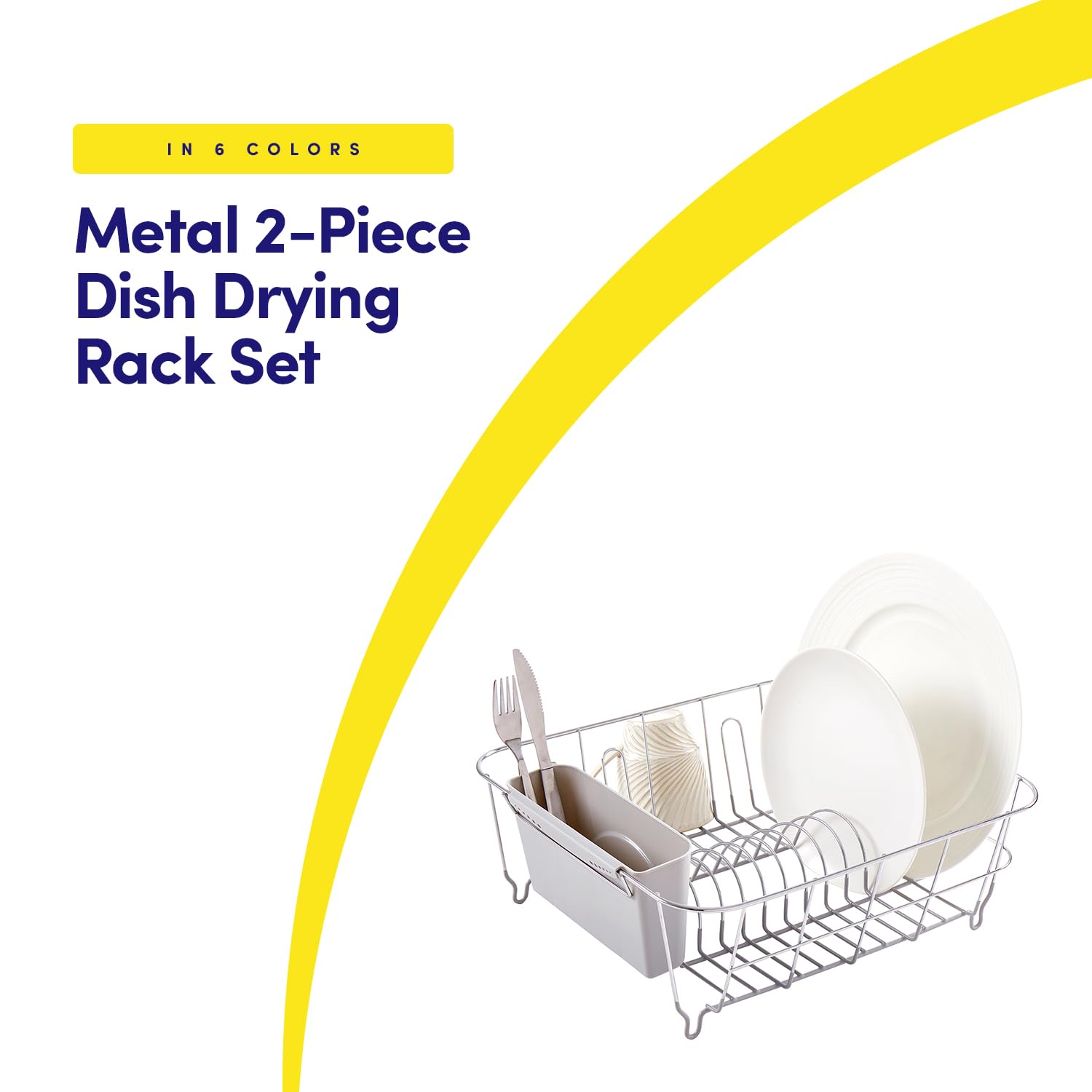 Dish Drying Rack & Cutlery Holder 2 Piece Set - Compact Sink-Fitting Dish Drainer with Rubberized