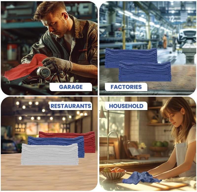 Shop Towels (Red, 200-Pack) - Bulk Cleaning Towel in a Bag, Mechanic Cotton Wipes for Car Maintenance, Auto Mechanics & Garage, Wipe Grease & Oil, Machine Wash & Reusable