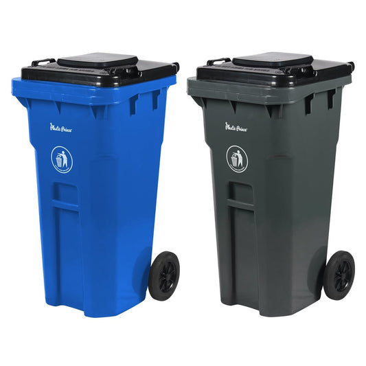 32 Gallon Trash Can with Wheels Outdoor Recycling Bin with Lid and Wheels Heavy Duty Rolling Garbage Can Commercial Wheeled Garbage Can for Home Garage Office, Set of Blue and Gray