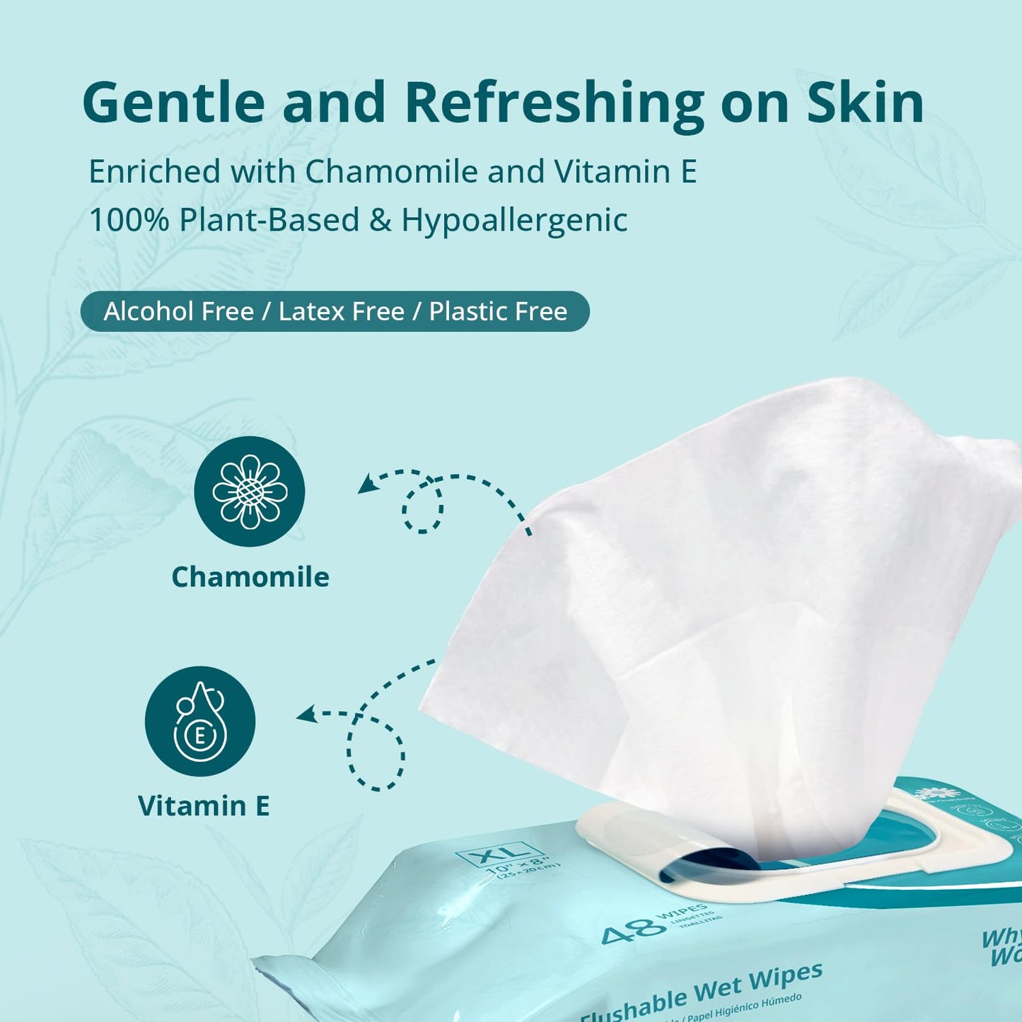 WhyWorry Flushable Wipes for Adults, Extra Large 8"x10" Butt Wipes for Toilet & Personal Cleansing, Chamomile and Vitamin E, 100% Plant-Based, Septic & Sewer Safe, Unscented, 144 Count (3 Packs)