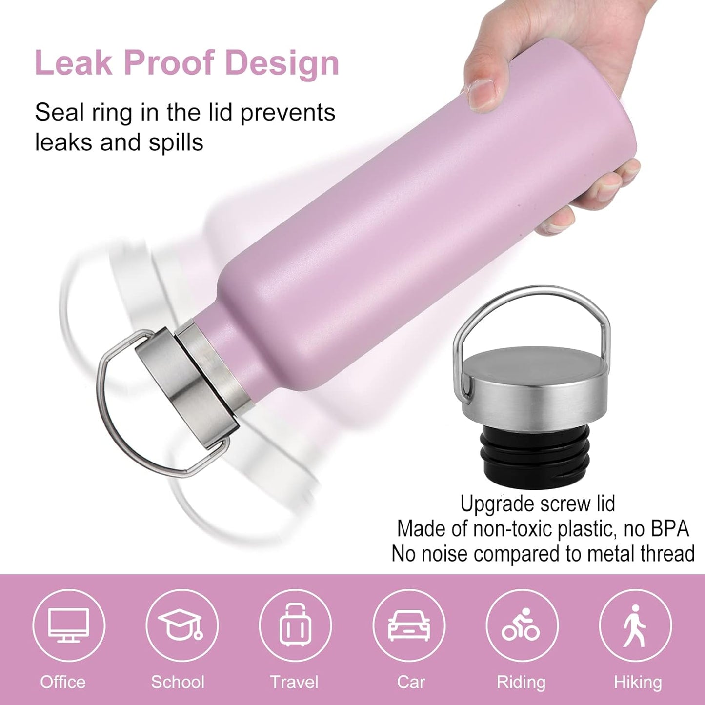 Neihepal 20 oz Insulated Water Bottles Bulk 4 Pack,Stainless Steel Double Wall Sport Bottle with Lid of Handle,Metal Reusable Thermoses Flask with Cup Cap for School,Hikers,Gift (Pink,Set of 4)