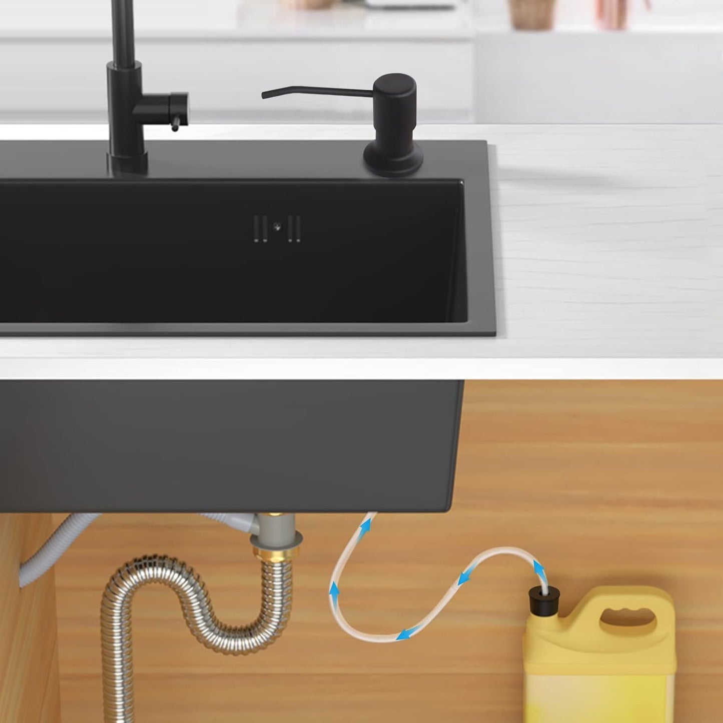 Soap Dispenser for Kitchen Sink and Extension Tube Kit, Stainless Steel Countertop SoapDispenser with 47 Inches Tube Connects Directly to Soap Bottle, Hand and Dish Soap Dispenser Pump （Black）