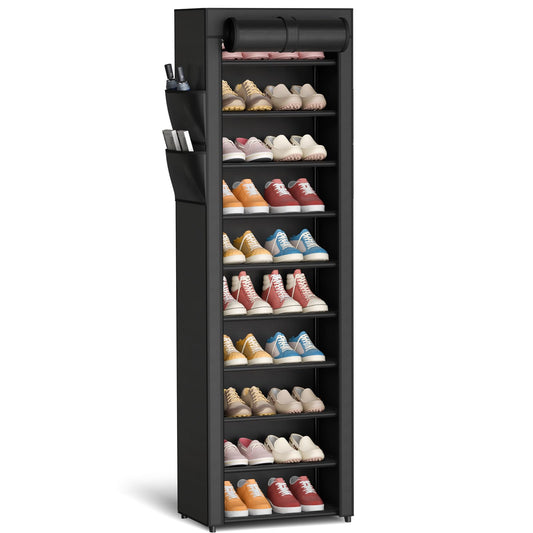 Kitsure 10-Tier Shoe Rack with Cover, Vertical Shelf, 17.5" Wide, Black