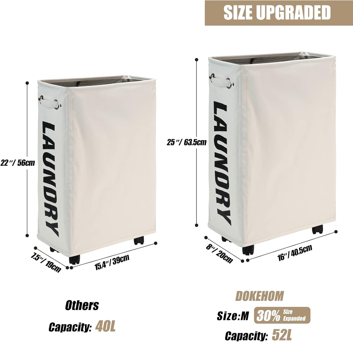 DOKEHOM 25-Inches Slim Laundry Basket on Wheels, Collapsible Rolling Laundry Hamper, Foldable Narrow Corner Clothes Storage Bins (Beige)