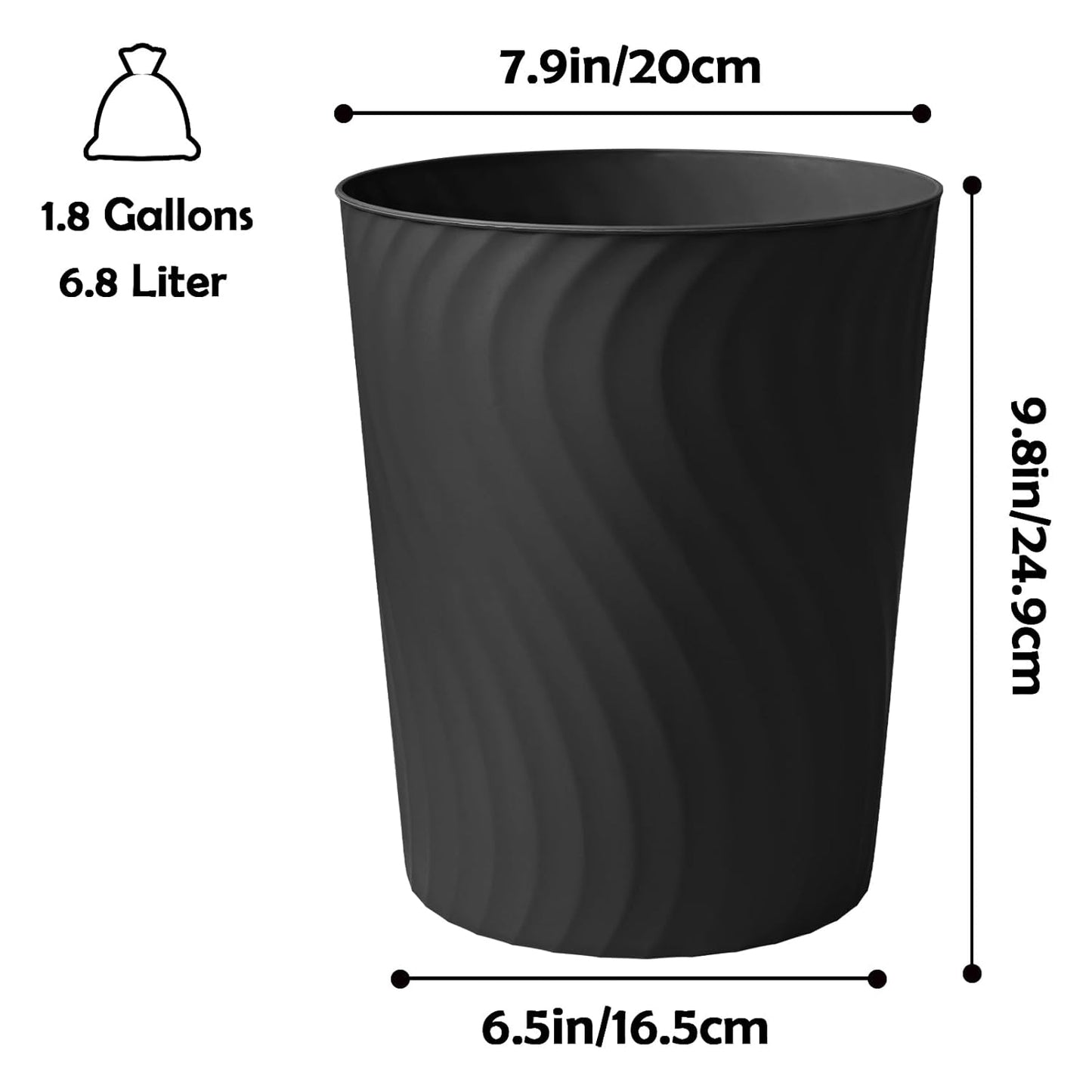 YGJT Small Trash Can, 3 Pack 1.8 Gallons Bathroom Trash Can, Slim Waste Basket, Round Garbage Can, Plastic Trash Bin for Kitchen, Dorm, Bedroom, Office, Living Room, Study, Compact Spaces(Black)