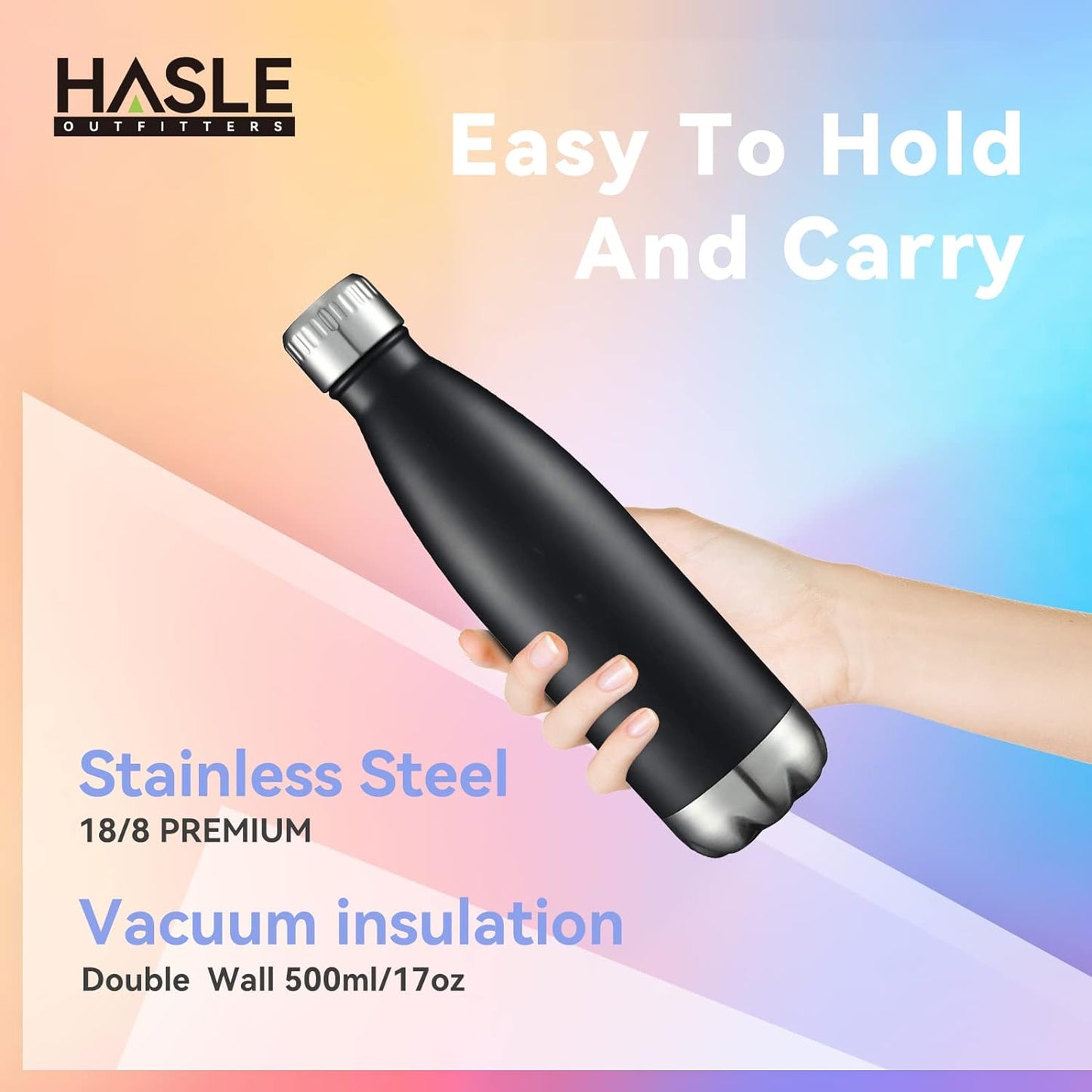 HASLE OUTFITTERS 17oz Stainless Steel Water Bottles Bulk, Vacuum Insulated Water Bottles Double Walled Reusable Metal Sports Water Bottles Keep Drinks Hot and Cold, Black, 4Packs
