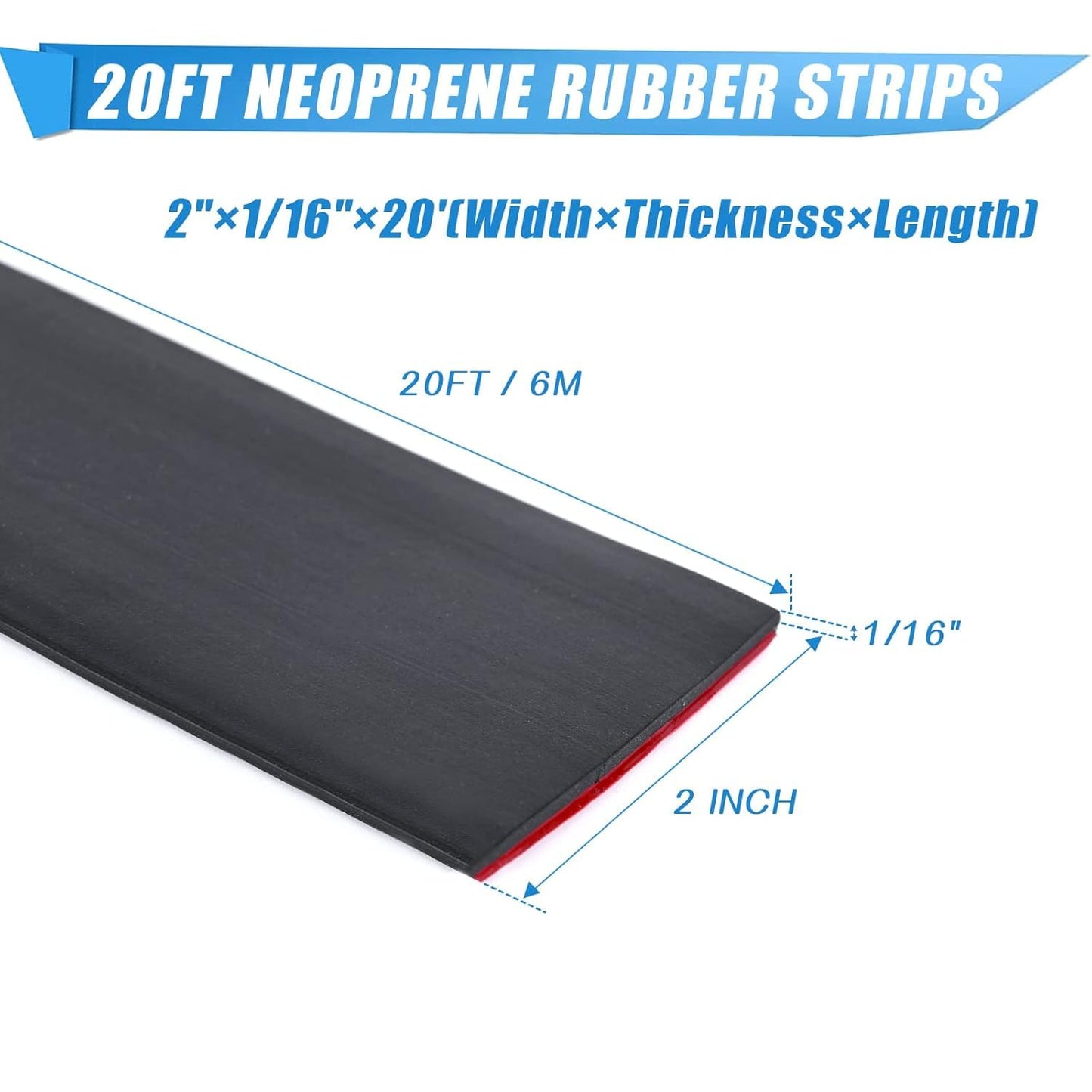 Neoprene Rubber Strips With Adhesive Backing - Self Stick Seal Gasket for Matting Padding - 2" Wide x 1/16" Thick x 20' Long