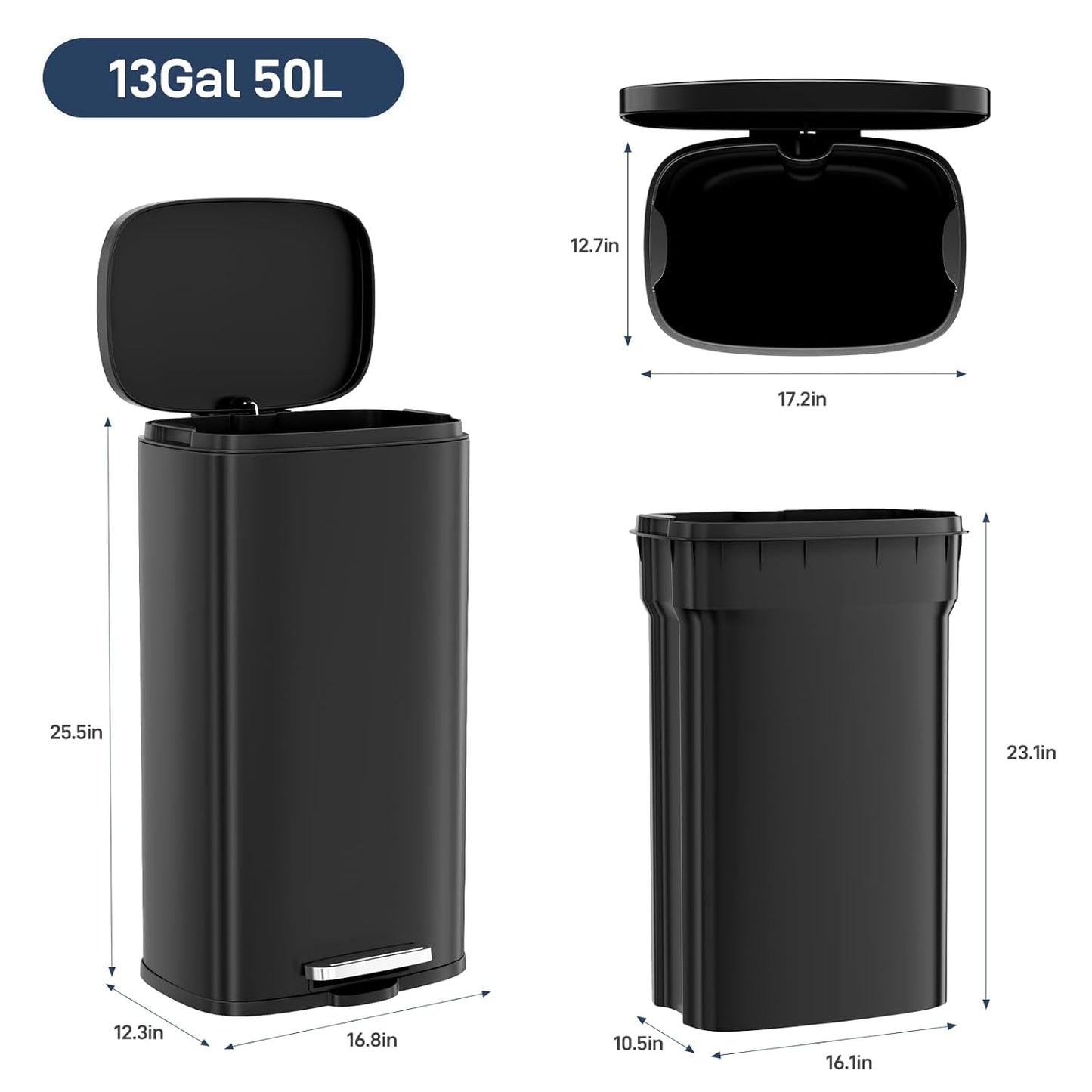 Arlopu13.2 Gallon Step Trash Can, Stainless Steel Garbage Bin, Soft-Close Rubbish Bin with Removable Plastic Inner Bucket, Fingerprint-Proof, Lid Dustbin, Suit for Kitchen Home (Black, 50L)
