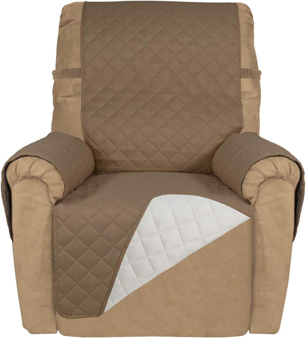 PureFit Reversible Quilted Sofa Cover, Water Resistant Slipcover Furniture Protector, Washable Couch Cover with Non Slip and Elastic Straps for Kids, Dogs, Pets (Small Recliner, Camel/Ivory)