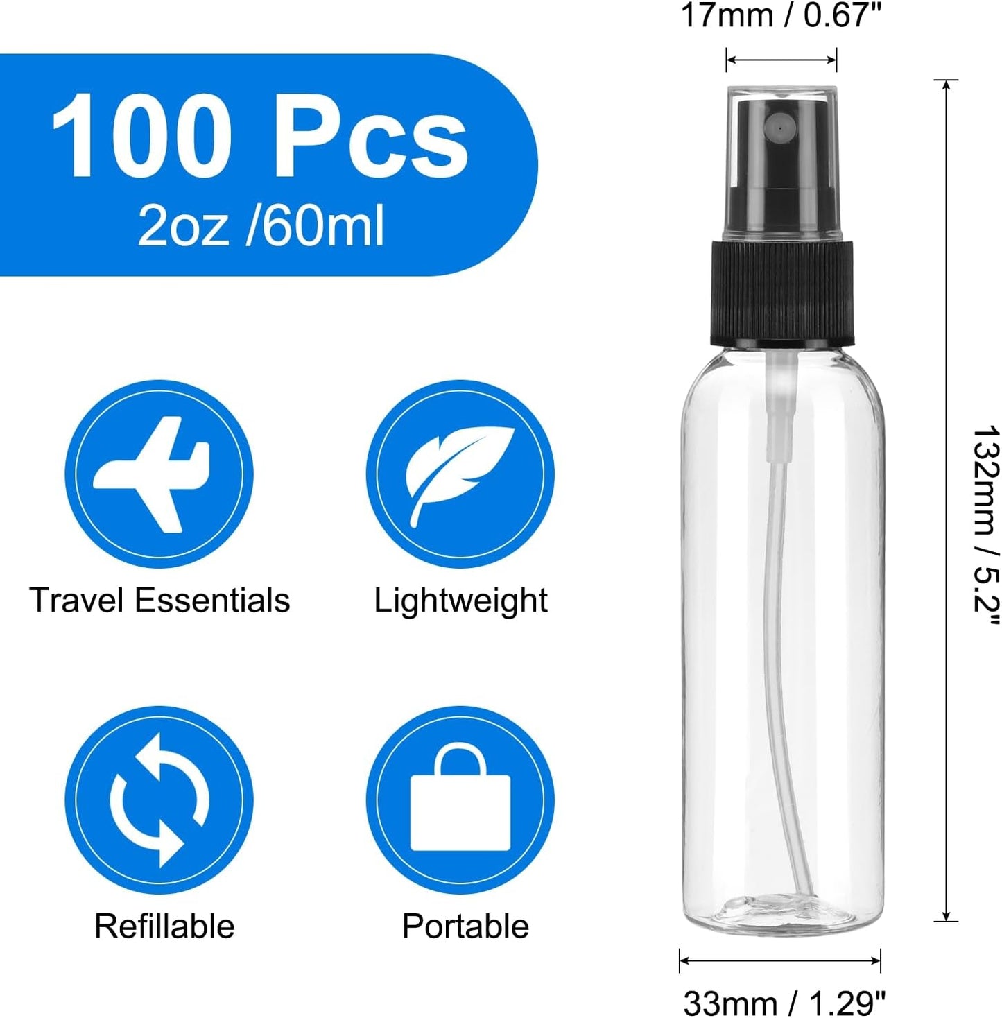 uxcell 100Pack Spray Bottles, 2Oz/60ML Clear Empty Mist Plastic Mini Travel Bottle Set,Small Refillable Liquid Containers for Household Use, Essential Oil, Cleaning (Transparent Black)