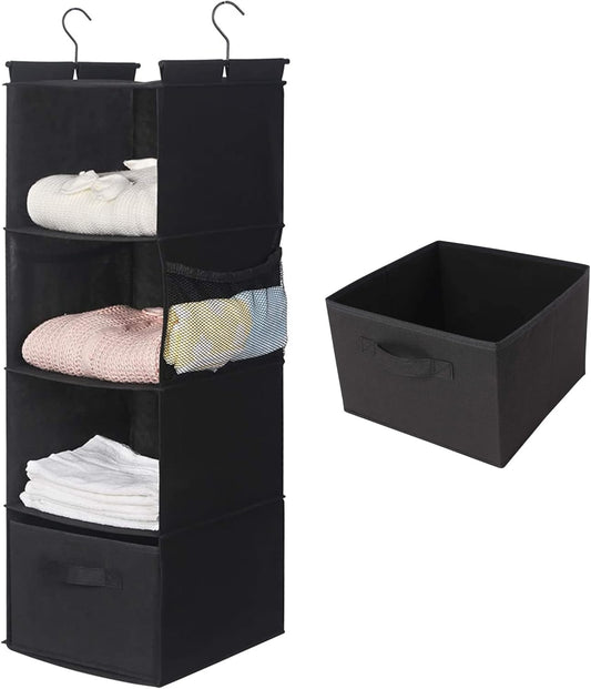 MAX Houser 4-Shelf Hanging Closet Organizer, Space Saver, Cloth Hanging Shelves with 2 Side Pockets, Foldable (Black)
