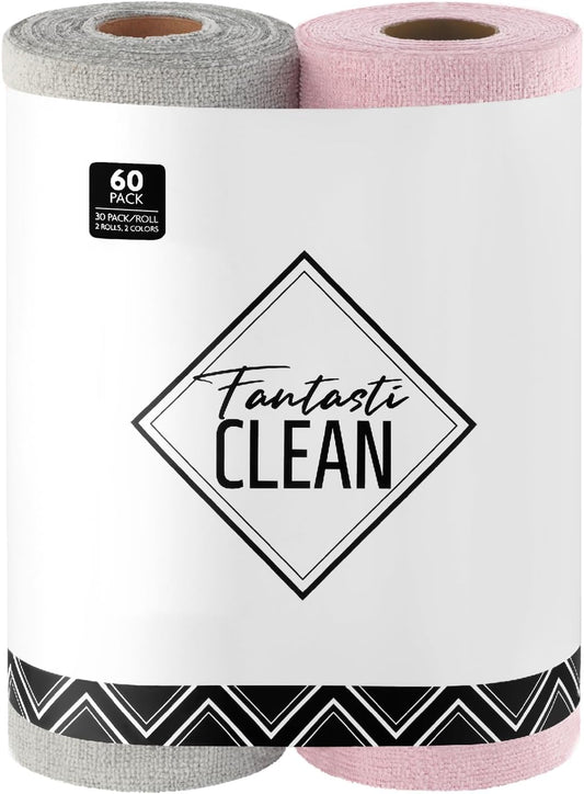 Fantasticlean Microfiber Cleaning Cloth Roll -60 Pack, Tear Away Microfiber Towels, 12" x 12", Reusable, Washable, Scratch Free, Ultra Absorbent Dishcloth for Car, Home Supplies (Pink & Grey)