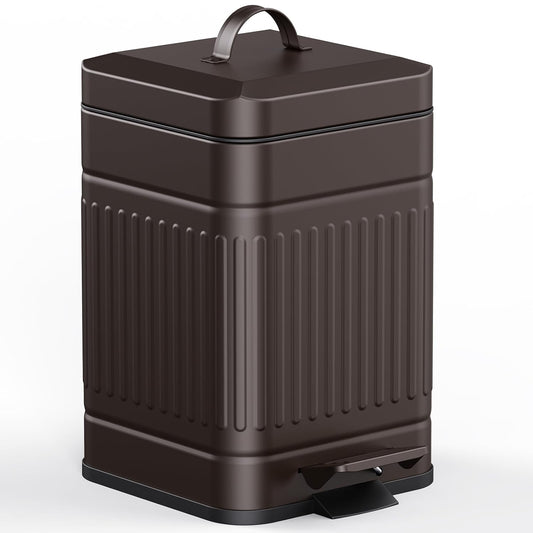 CEROELDA Small Trash Can with Lid-5L/1.3 Gal,Stainless Steel Outdoor Dog Poop Garbage Can-Farmhouse Retro Metal Waste Bin w/Step Pedal for Bathroom Bedroom Office-Soft Close-Brown