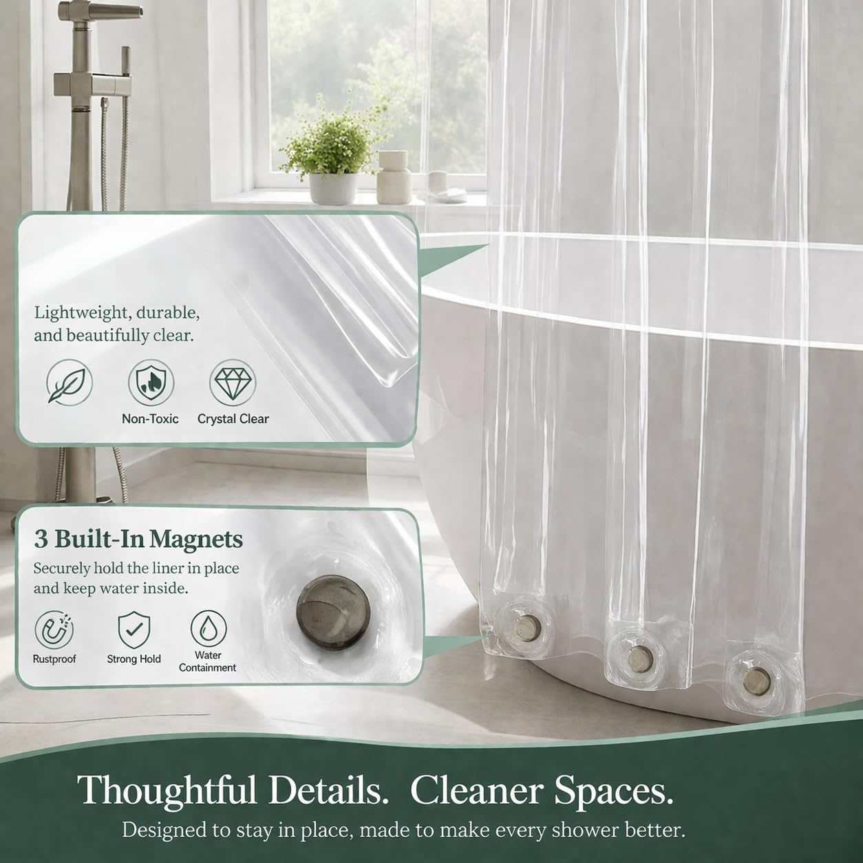 EHZNZIE Crystal Clear Shower Curtain Liner 72x72, PEVA Waterproof Bath Curtain, No Chemical Smell