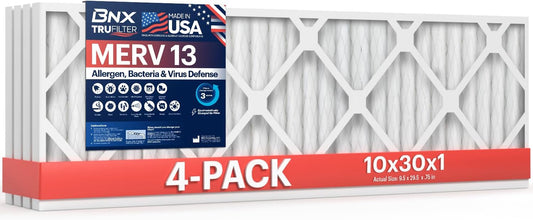 BNX TruFilter 10x30x1 Air Filter MERV 13 (4-Pack) - MADE IN USA - Electrostatic Pleated Air
