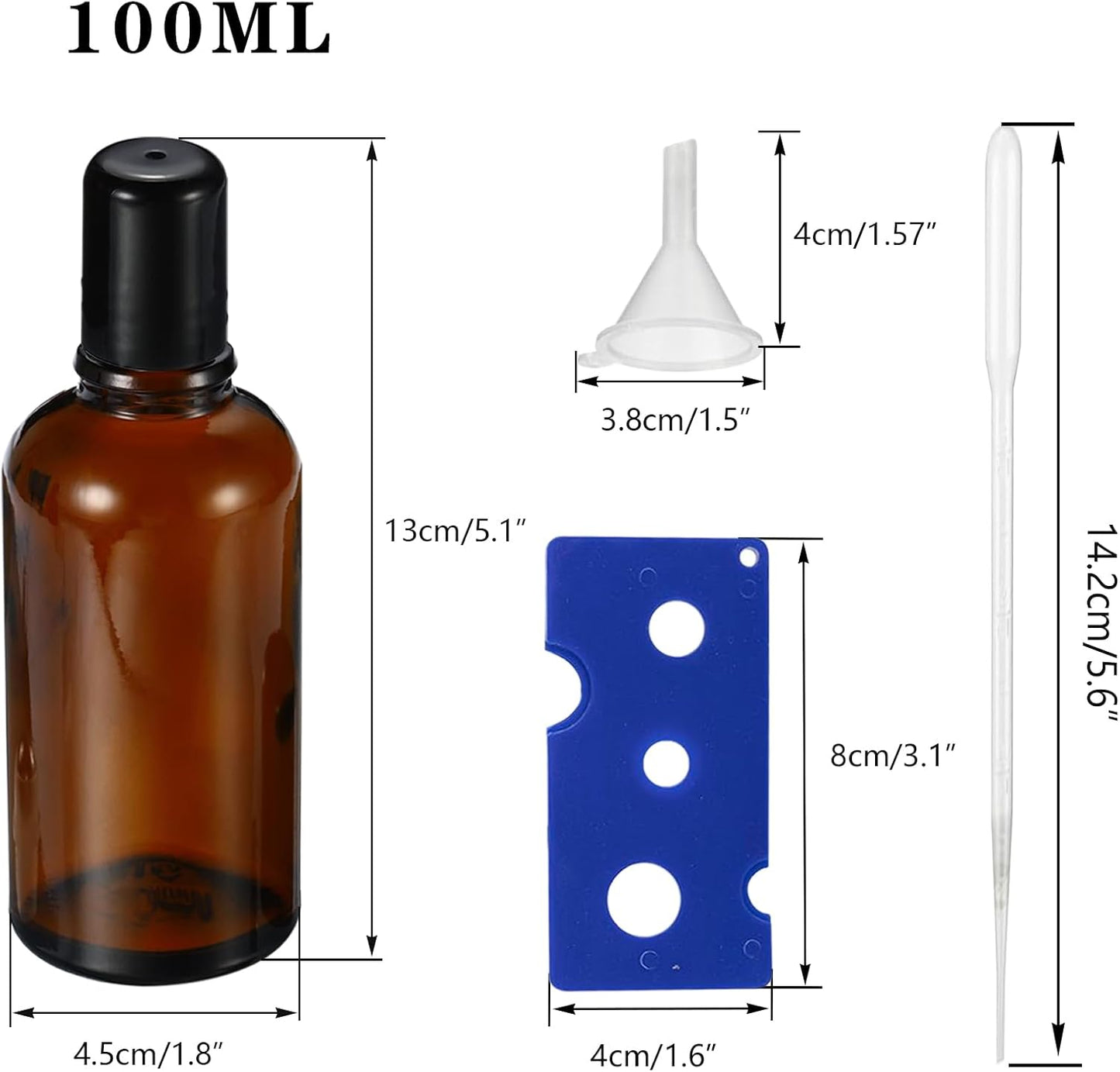 100ML Roller Bottles for Essential Oil, 3 Pack Empty Amber Glass Roller Bottle for Perfume Oil, Roll on Bottles with Stainless Steel Roller Balls, Opener, Funnel and Dropper