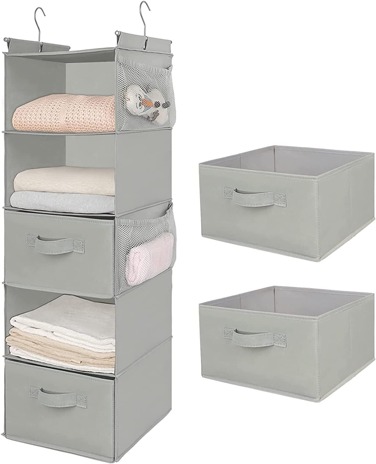 MAX Houser 5 Tier Shelf Hanging Closet Organizer, Cloth Hanging Shelf with 2 Sturdy Hooks for Storage, Foldable (Light Grey-D2)