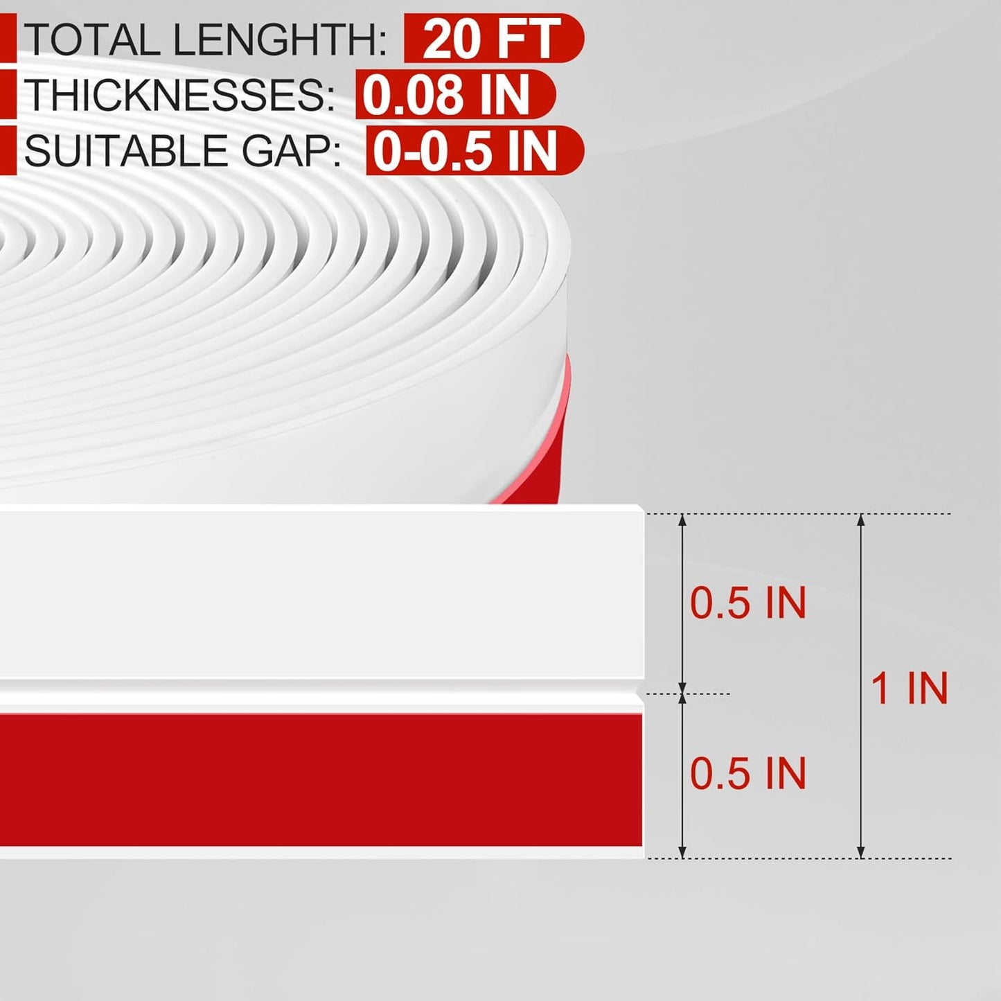 MYFAMIREA Door Weather Stripping 1IN (W) x 20FT (L) Door Draft Stopper Seal Tape Silicone Seal Strip Self Adhesive Shower Sweep Insulation Tape Side Bottom Strip for Sliding Glass Window Gap, White